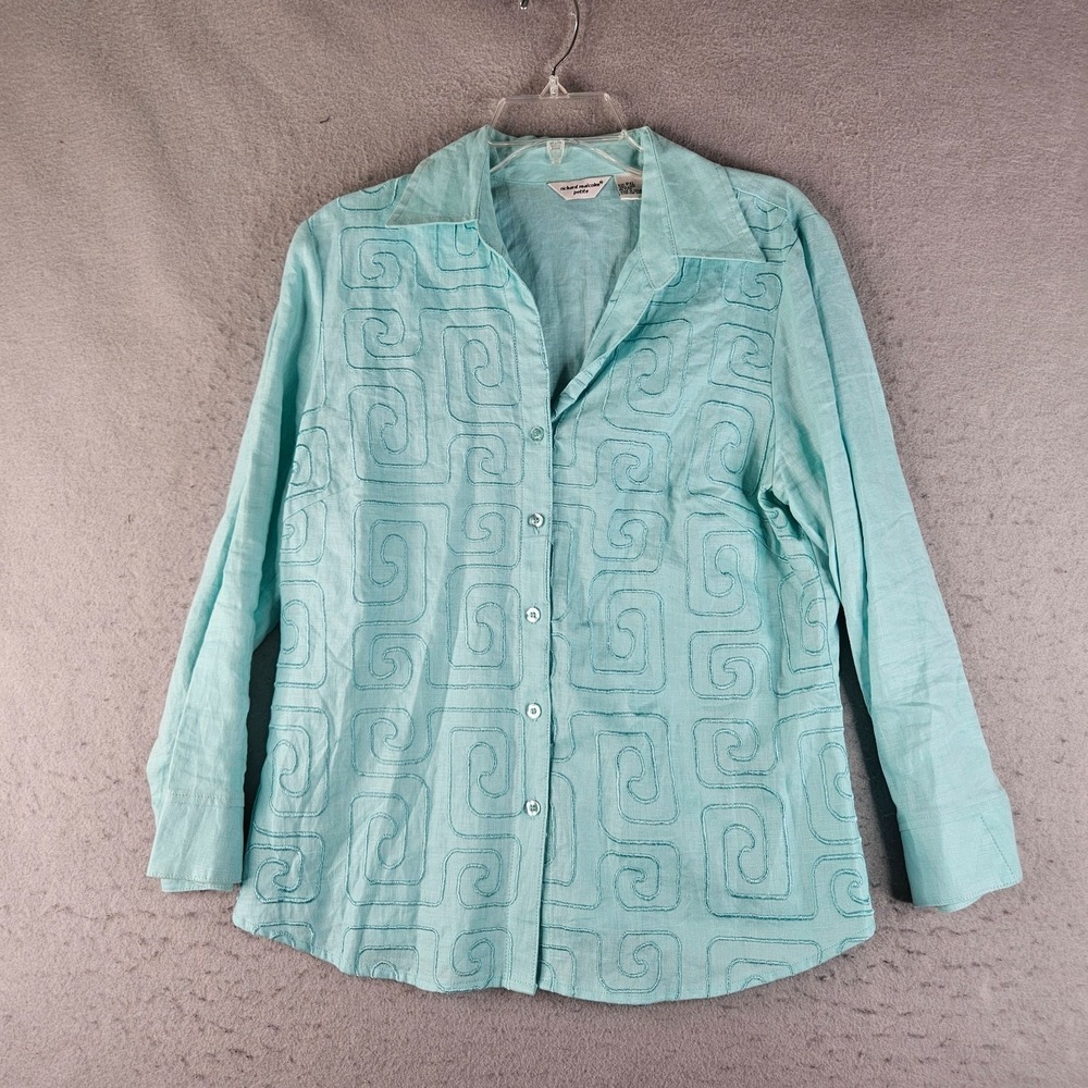Richard Malcom Petite Linen Shirt Womens PXL Green Embroidered Button Up Tunic